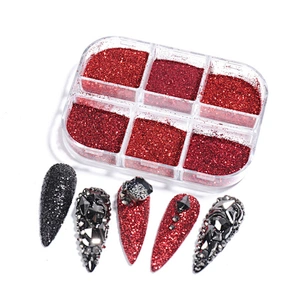 6 Grids Red Nail Flakes Chrome Powder