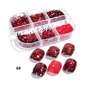 6 Grids Red Nail Flakes Chrome Powder
