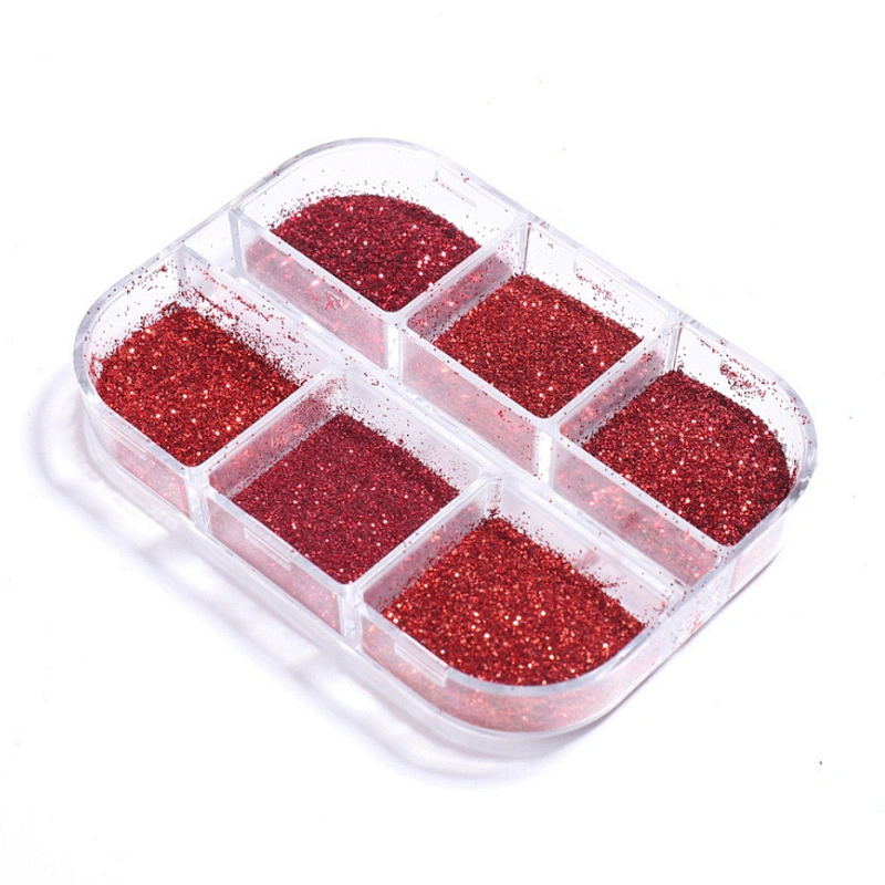 6 Grids Red Nail Flakes Chrome Powder