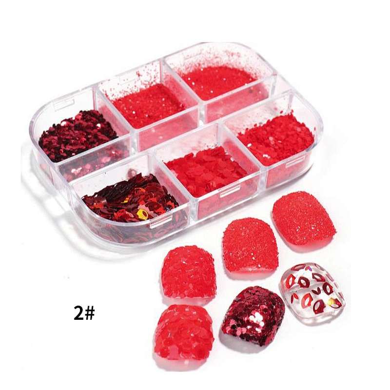 6 Grids Red Nail Flakes Chrome Powder