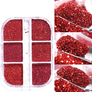 6 Grids Red Nail Flakes Chrome Powder
